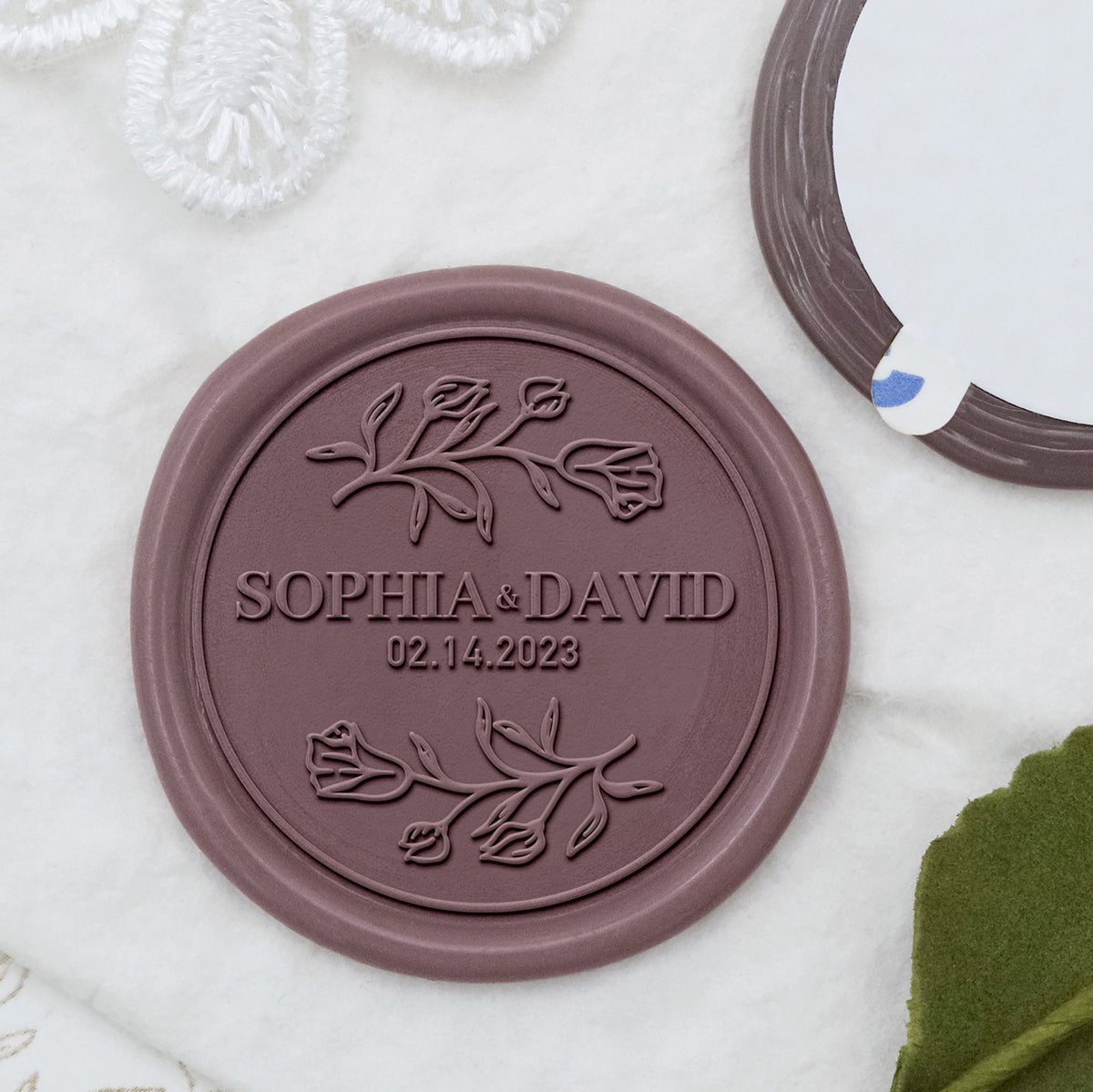 Stamprints Adesivos de Sinete de Lacre Personalizados com Tulipa e Nome e Data de Casamento 1