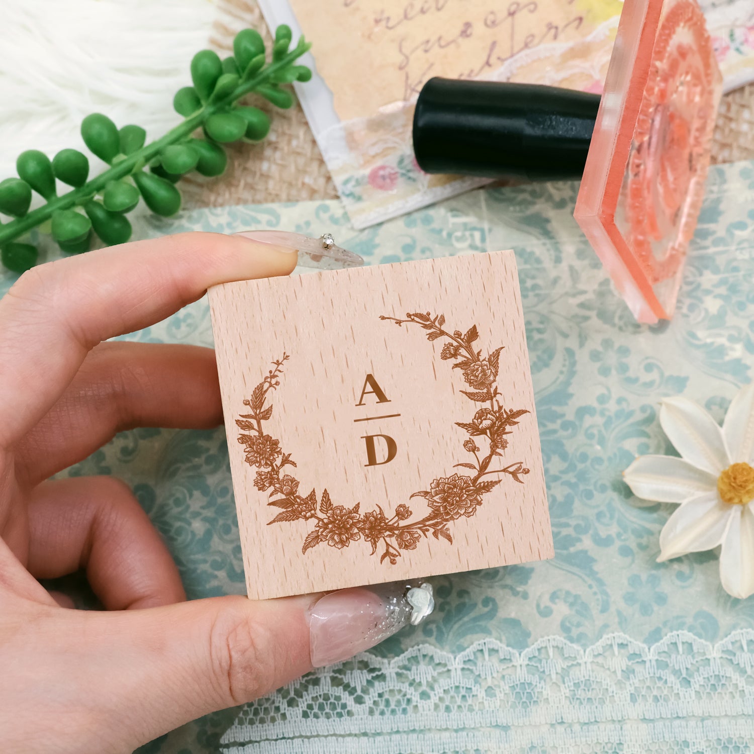 Carimbo de Borracha de Monograma de Casamento Botânico Personalizado (18 Designs)1
