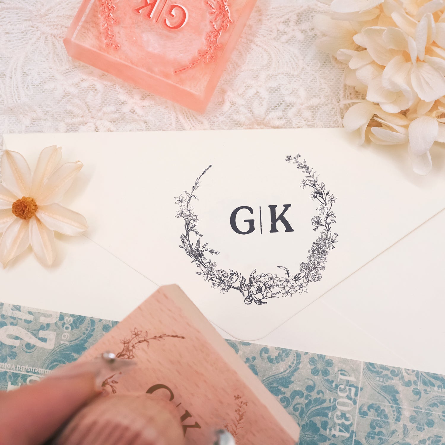 Carimbo de Borracha de Monograma de Casamento Botânico Personalizado -SKU6 3