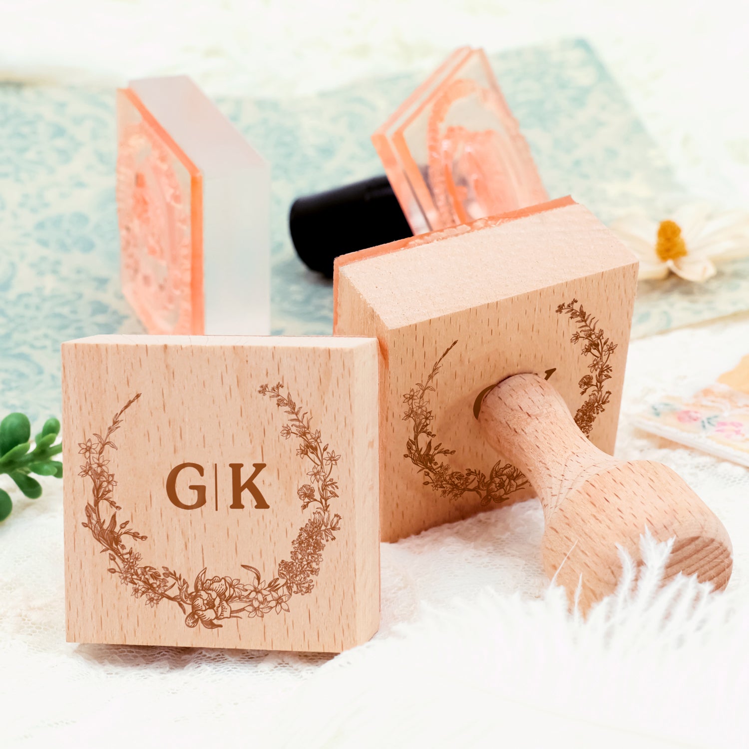 Carimbo de Borracha de Monograma de Casamento Botânico Personalizado -SKU6 4