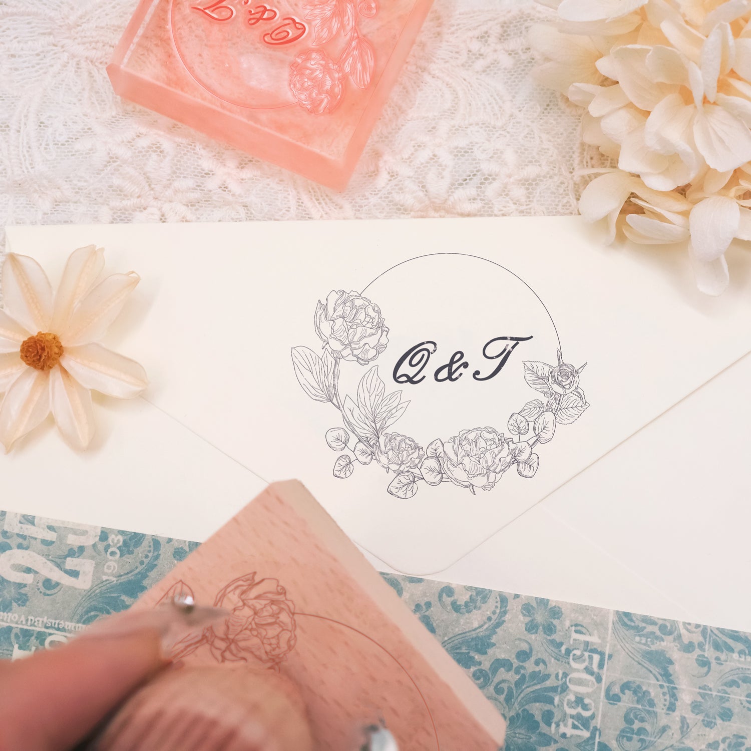 Carimbo de Borracha de Monograma de Casamento Botânico Personalizado -SKU16 2