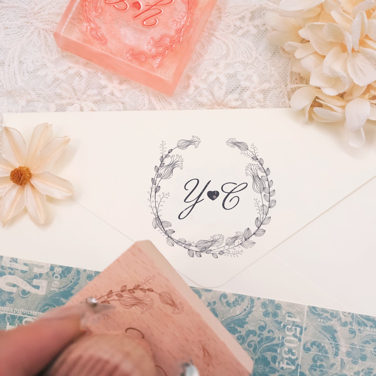 Carimbo de Borracha Botânico Personalizado para Casamento com Monograma -SKU17 3