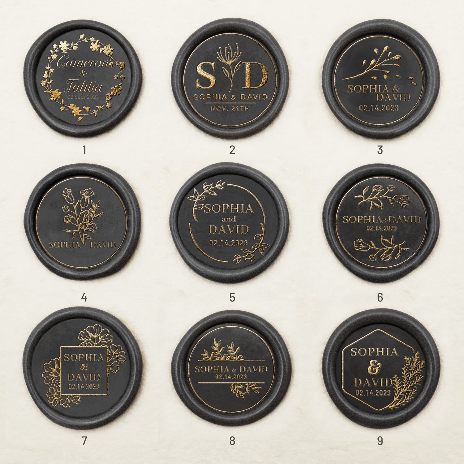 Adesivos de Sinete de Lacre Autocolante Personalizados para Casamento (27 Designs) Wedding-Name-&-Date1-9