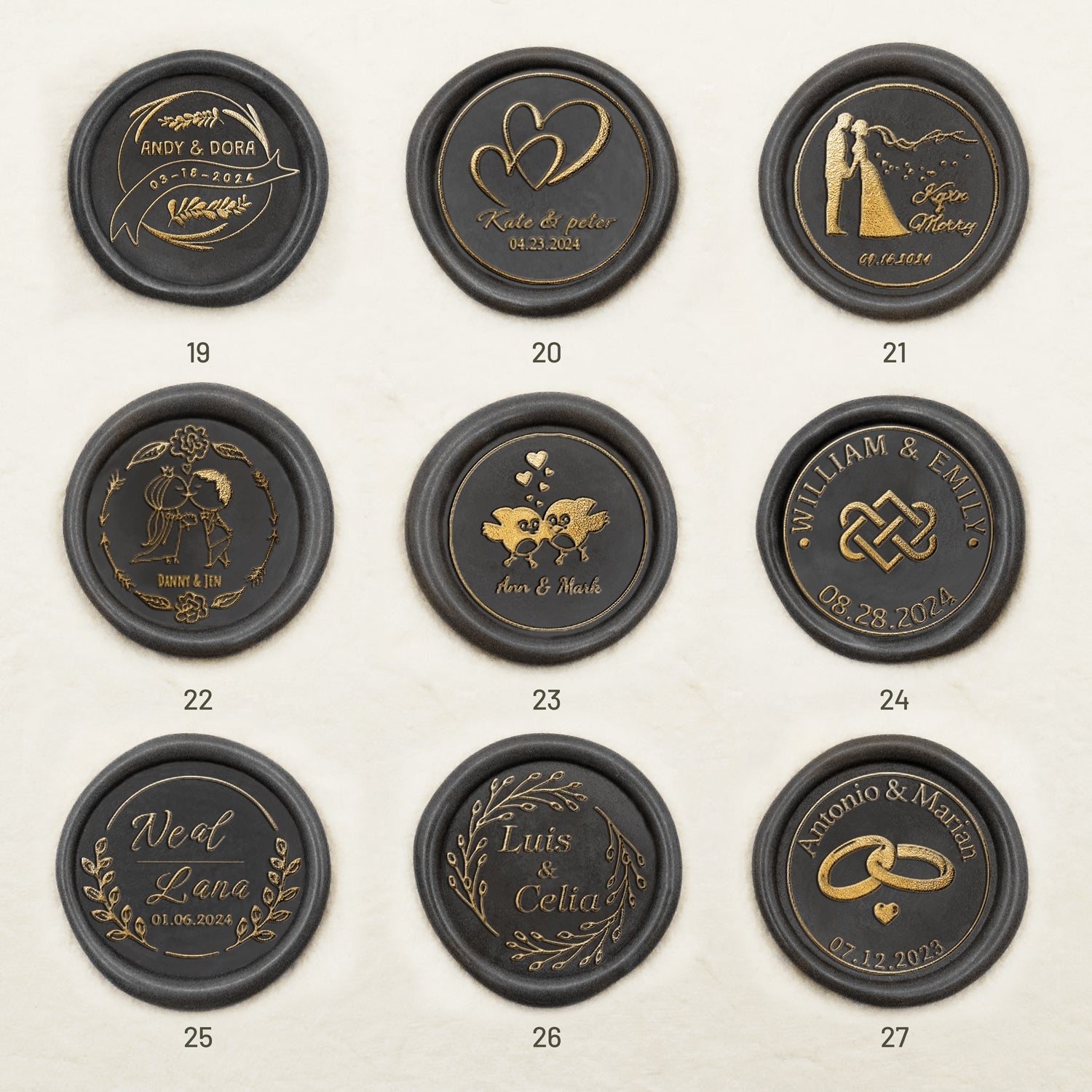 Adesivos Personalizados de Sinete de Lacre Autocolante para Casamento (27 Designs) Wedding-Name-&-Date19-27