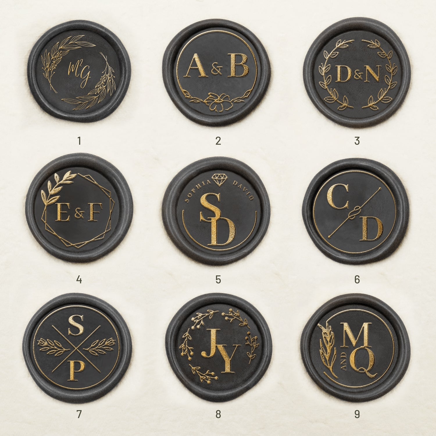 Custom Wedding Monogram Self-Adhesive Wax Seal Stickers (36 Designs) 1-9