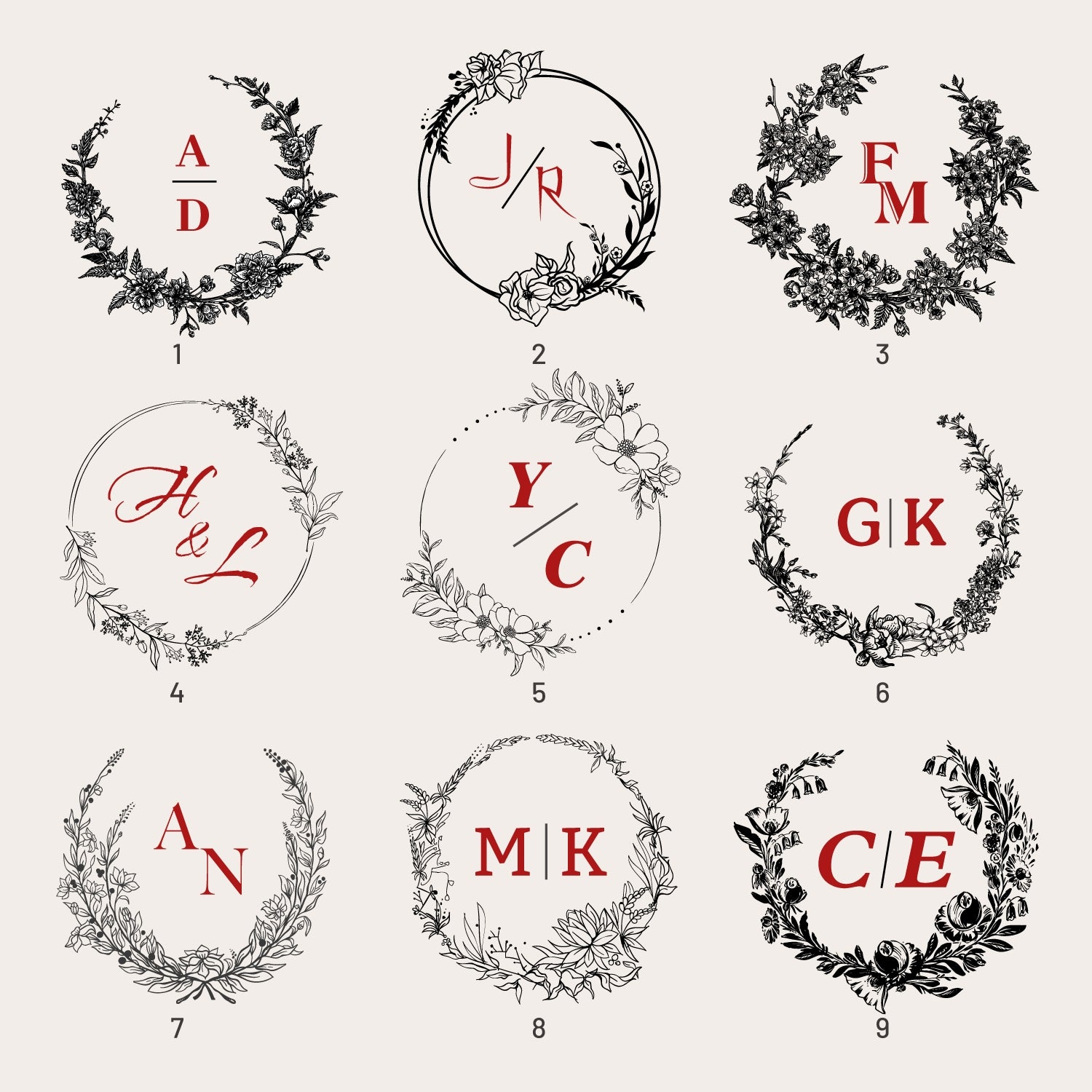 Carimbo de Borracha de Monograma de Casamento Botânico Personalizado (18 Designs) sku1