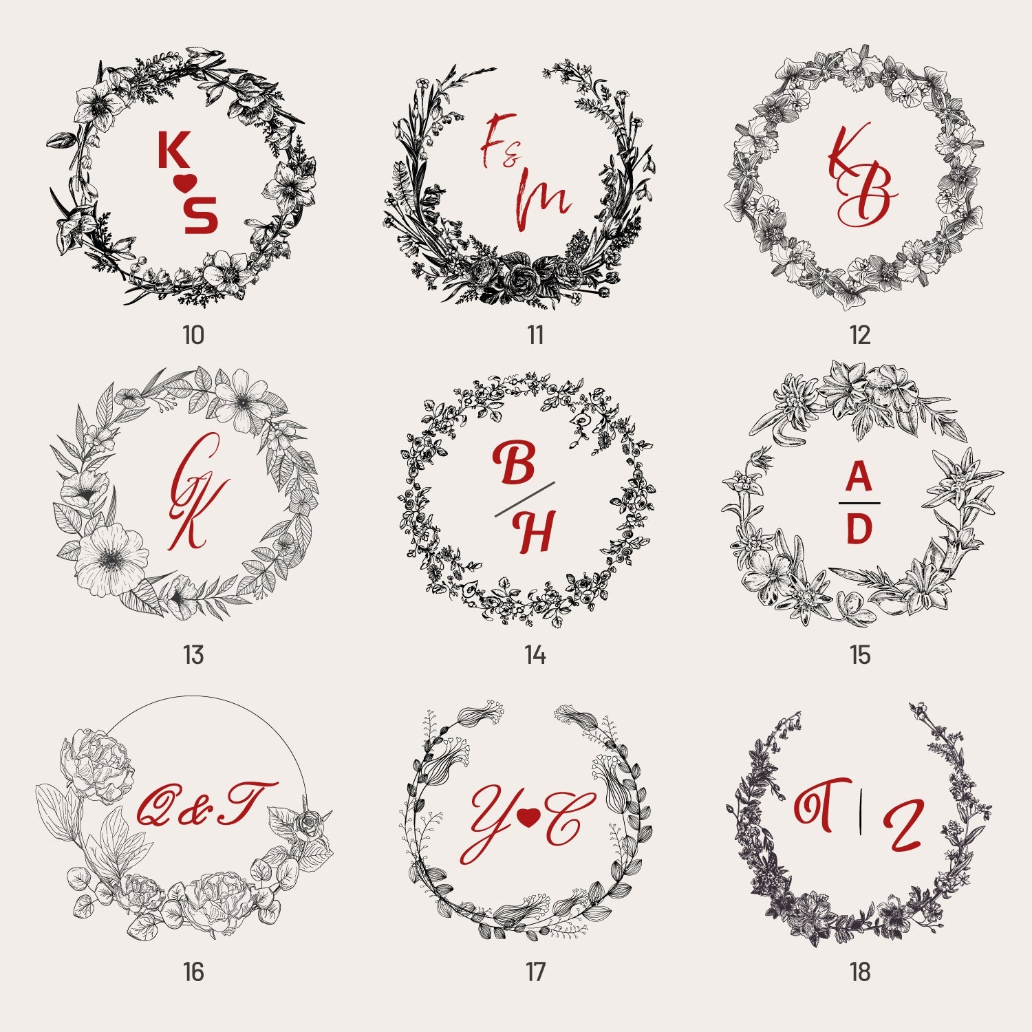 Carimbo de Borracha de Monograma de Casamento Botânico Personalizado (18 Designs)  sku2