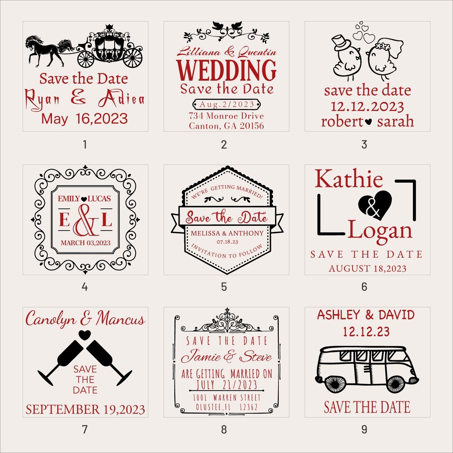 Carimbo de Borracha Personalizado para Guarda a Data de Casamento (25 Designs) SKU1