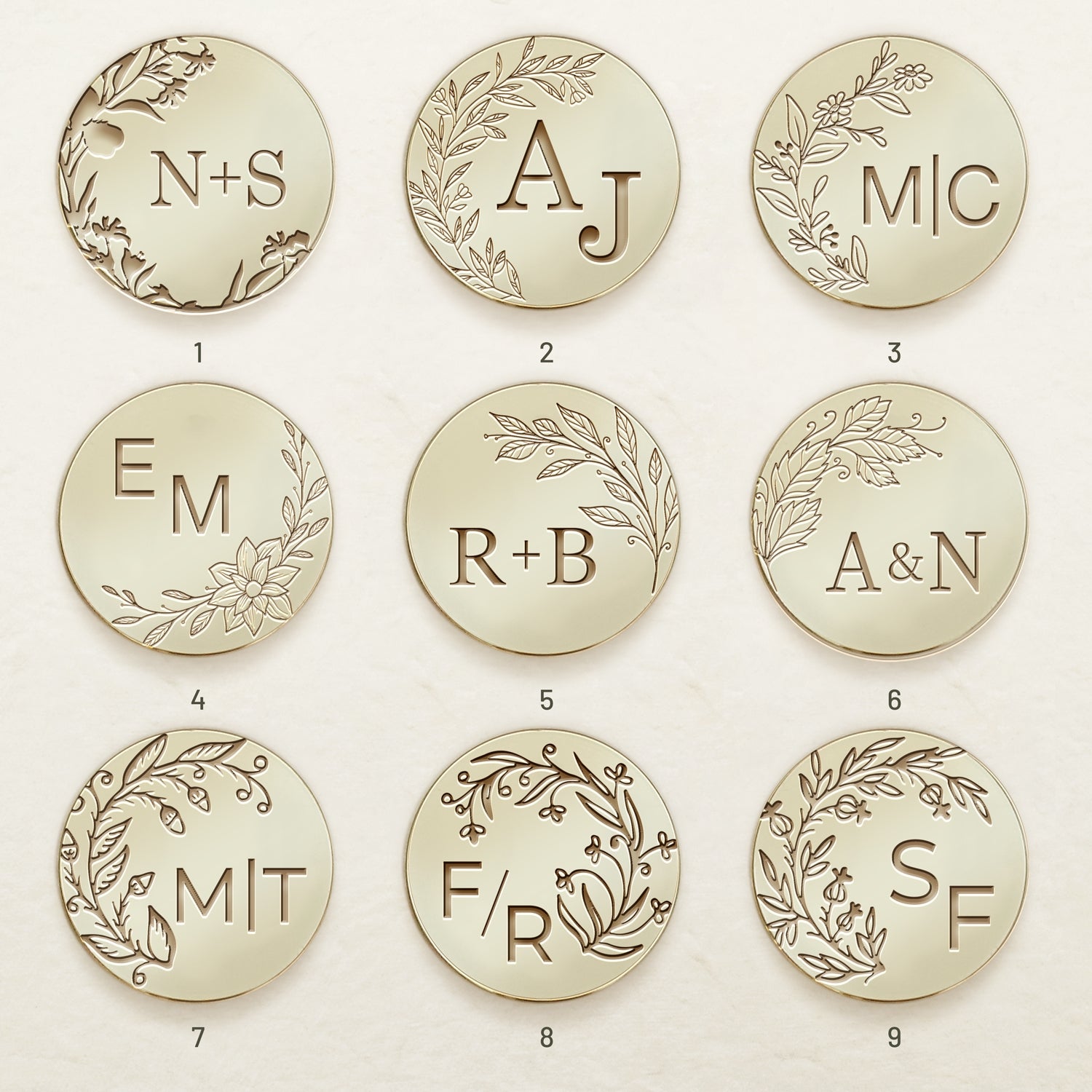 Carimbo de Sinete de Lacre de Monograma de Casamento Botânico Sem Bordas Personalizado (27 Designs)-sku1