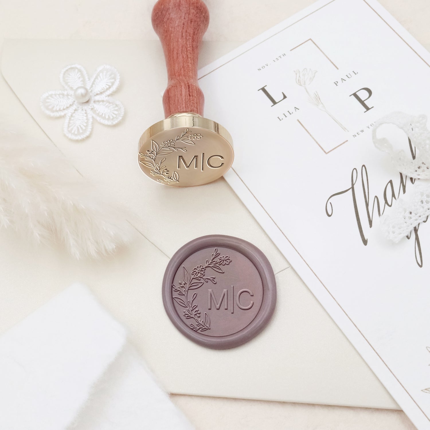 Carimbo de Sinete de Lacre com Monograma de Casamento Botânico Sem Bordas Personalizado - Estilo 3 3
