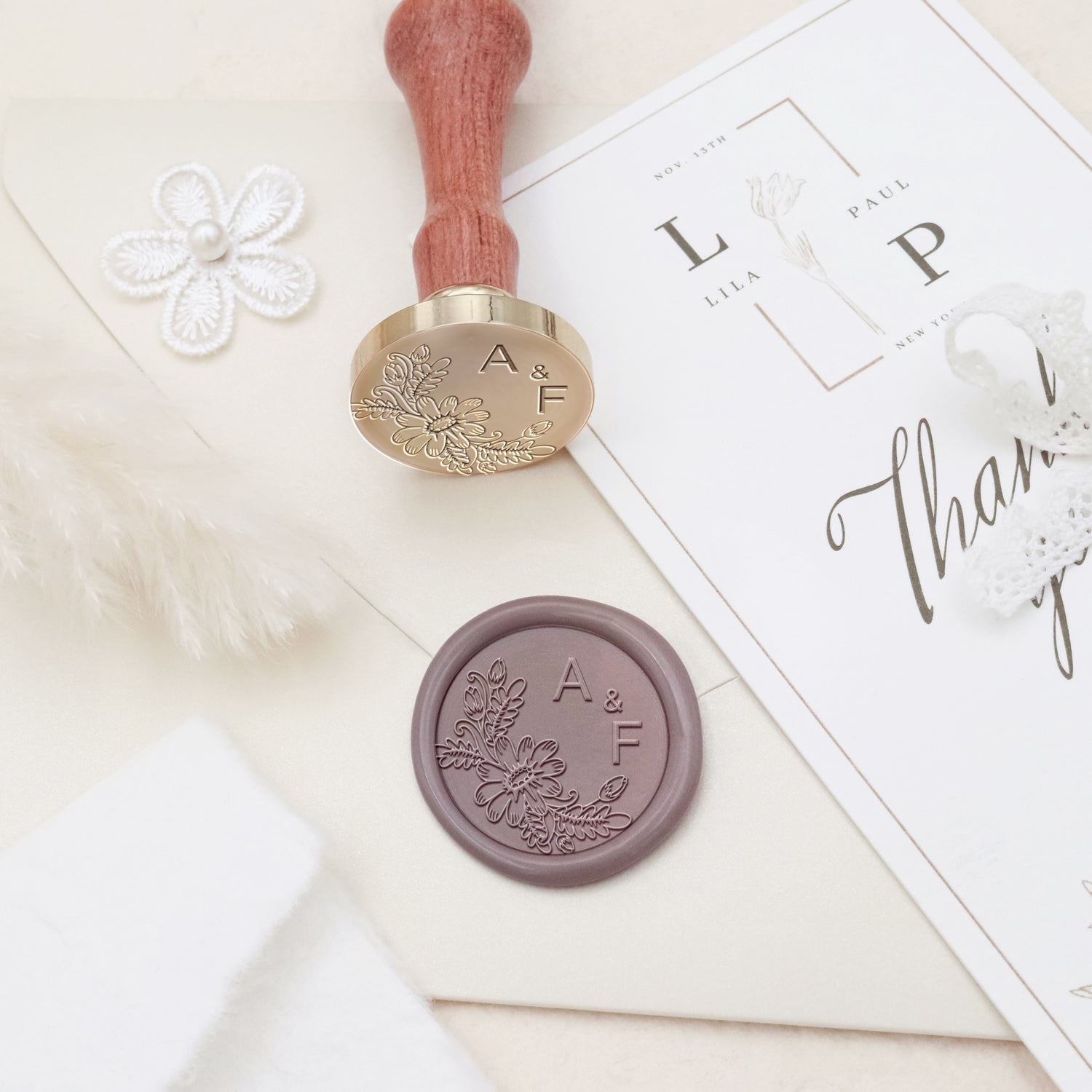 Carimbo de Sinete de Lacre com Monograma de Casamento Botânico Sem Bordas Personalizado - Estilo 12 3