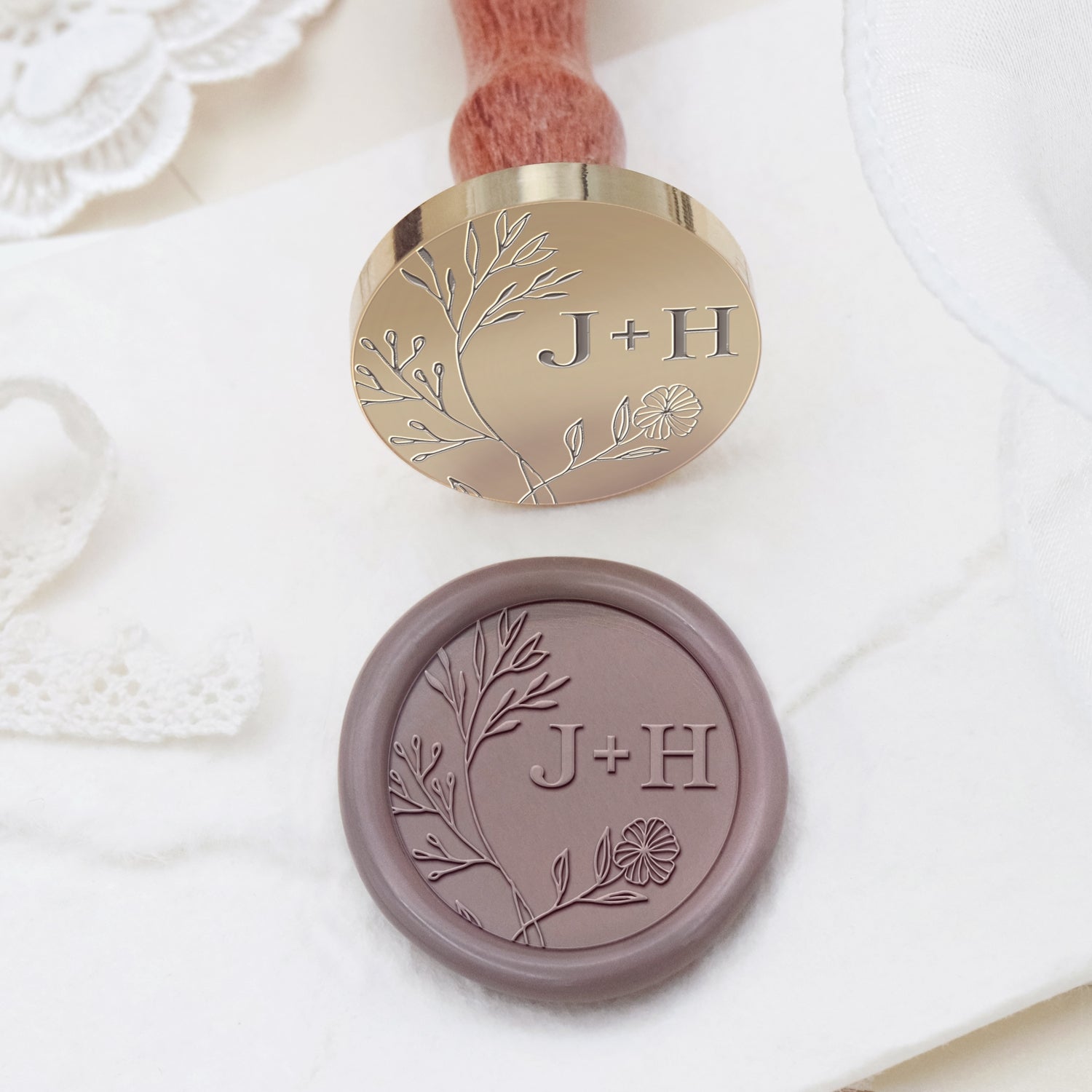 Carimbo de Sinete de Lacre Personalizado Sem Bordas Botânico para Casamento com Monograma - Estilo 15 2