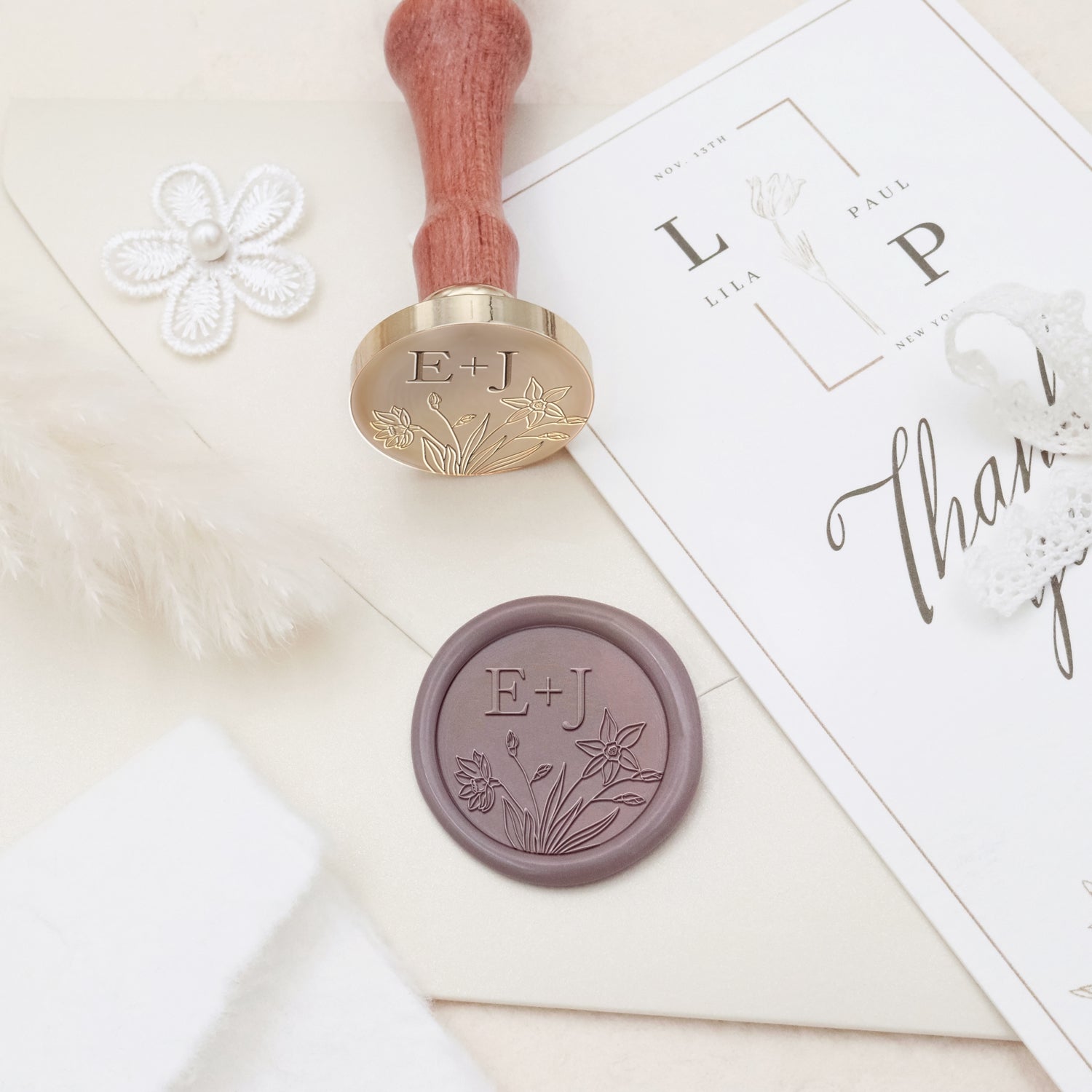 Carimbo de Sinete de Lacre com Monograma Botânico Sem Bordas Personalizado para Casamento - Estilo 20 3