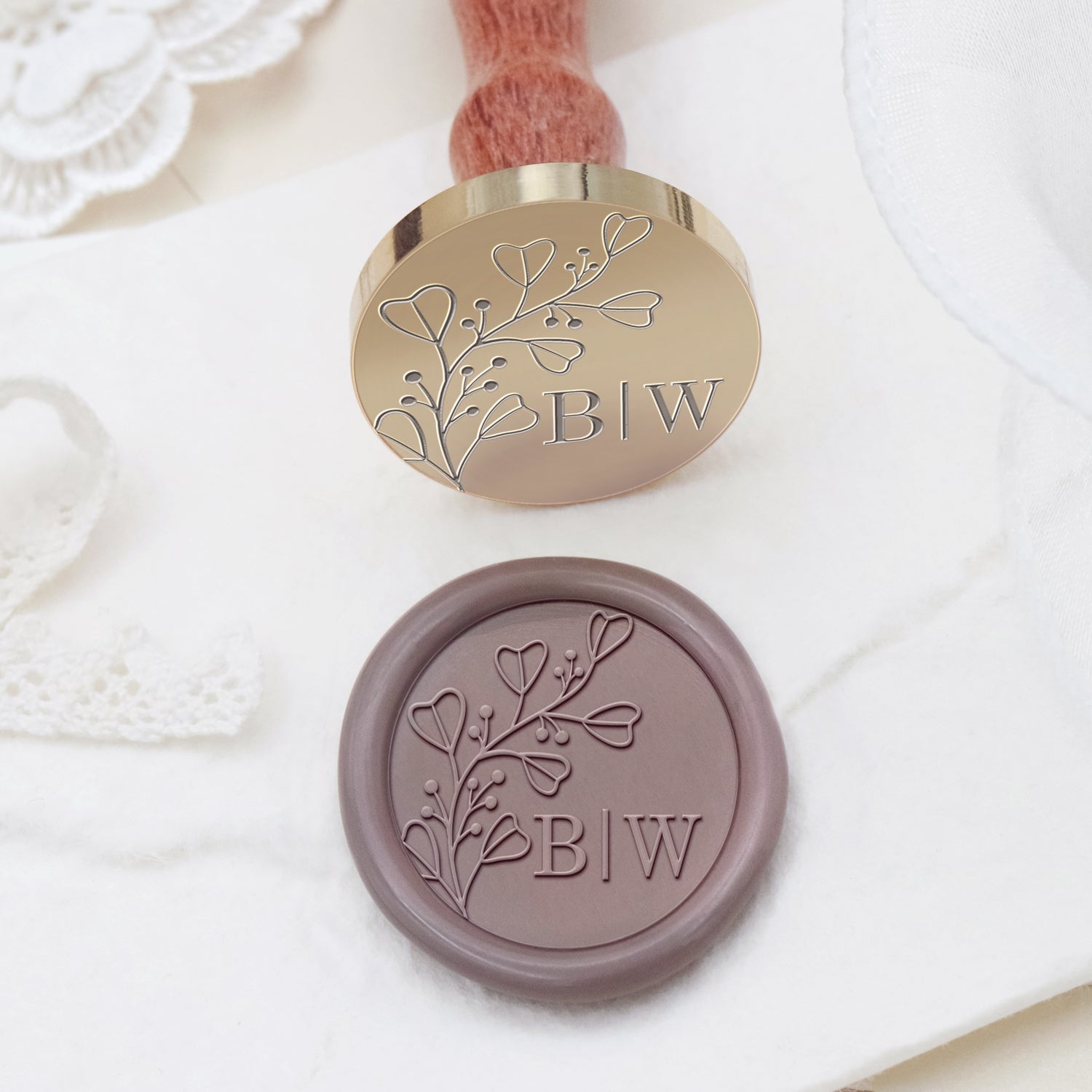 Carimbo de Sinete de Lacre com Monograma de Casamento Botânico Sem Bordas Personalizado - Estilo 24 2