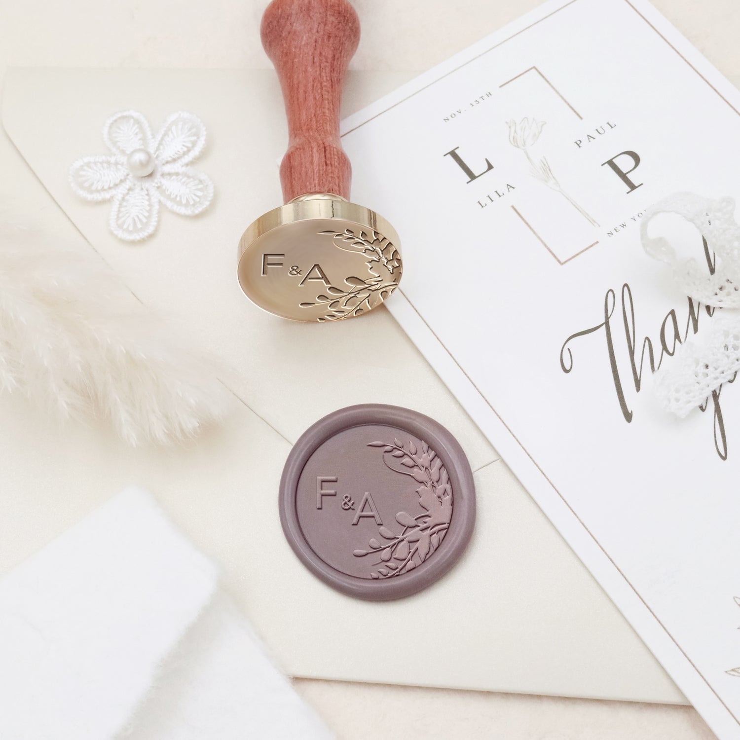 Carimbo de Sinete de Lacre Personalizado com Monograma Botânico sem Bordas para Casamento - Estilo 25 3