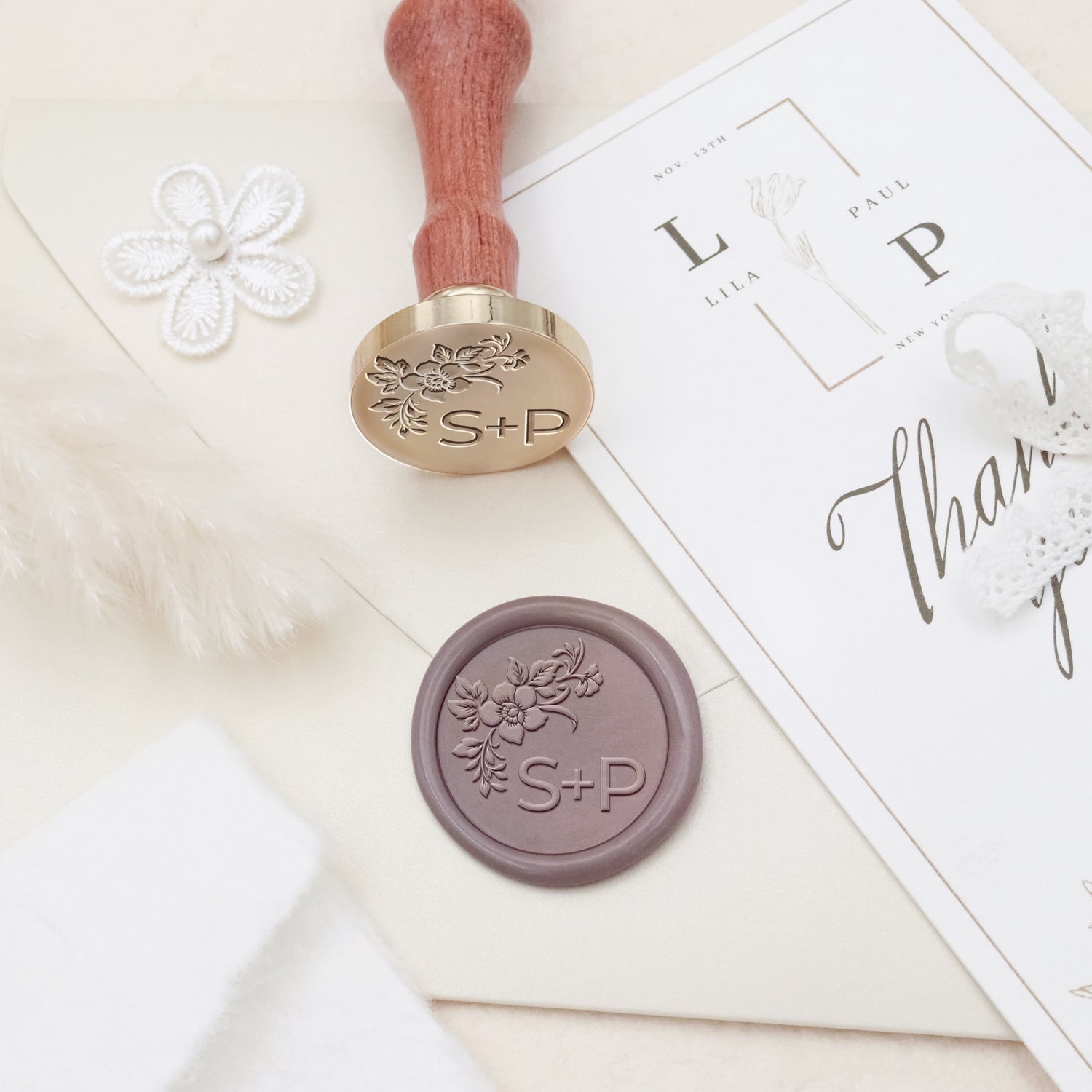 Carimbo de Sinete de Lacre de Monograma de Casamento Botânico Sem Bordas Personalizado - Estilo 27 3