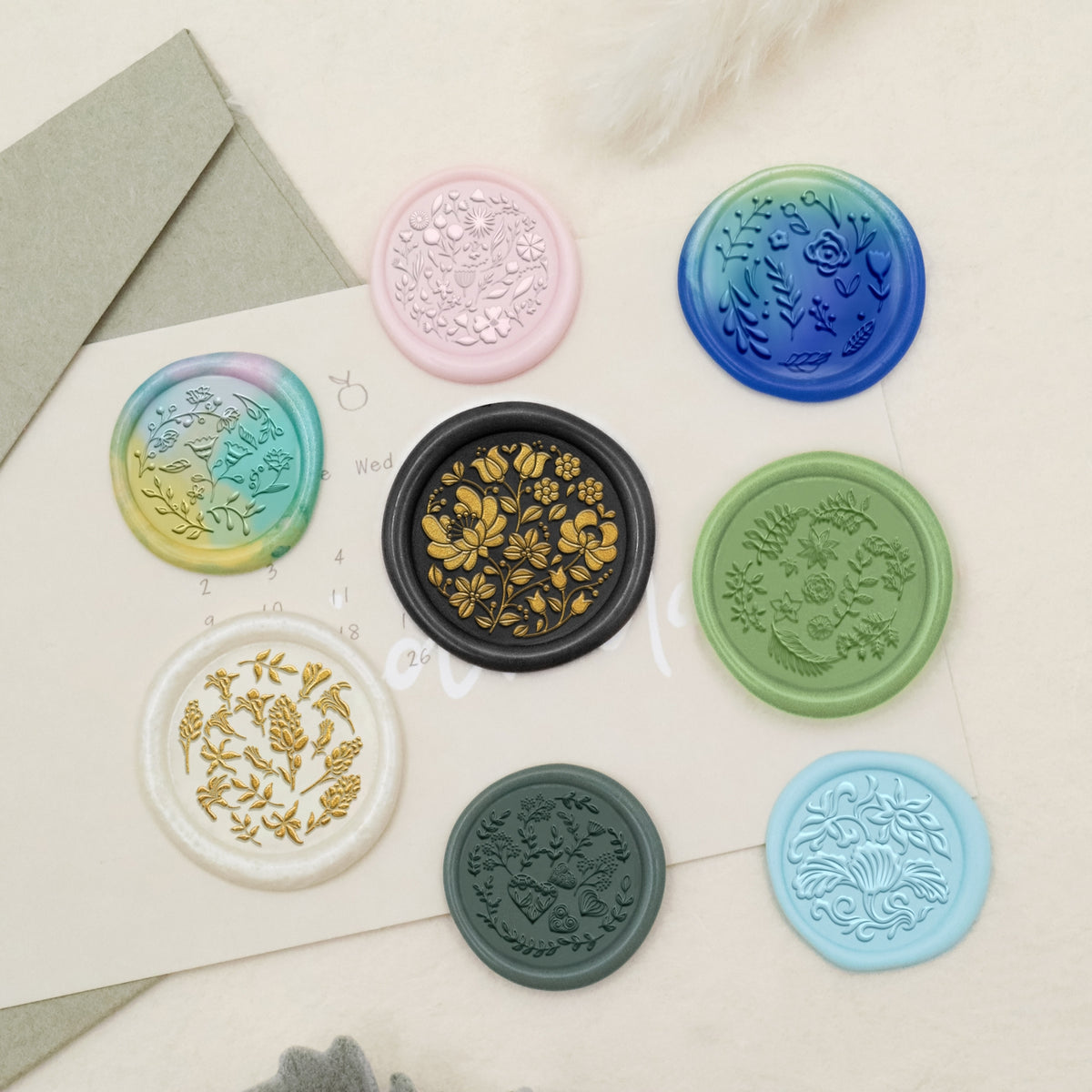 Carimbo de Sinete de Lacre com Padrão de Azulejo Floral (9 Designs)-3